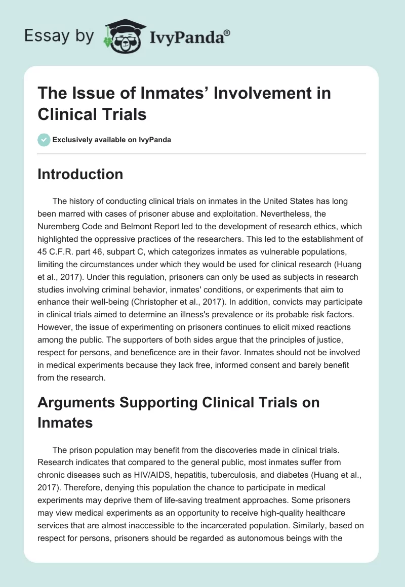 The Issue of Inmates’ Involvement in Clinical Trials. Page 1