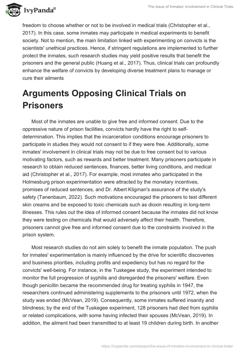 The Issue of Inmates’ Involvement in Clinical Trials. Page 2