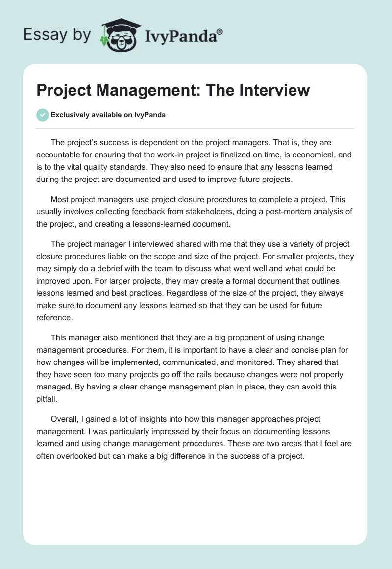 Project Management: The Interview. Page 1
