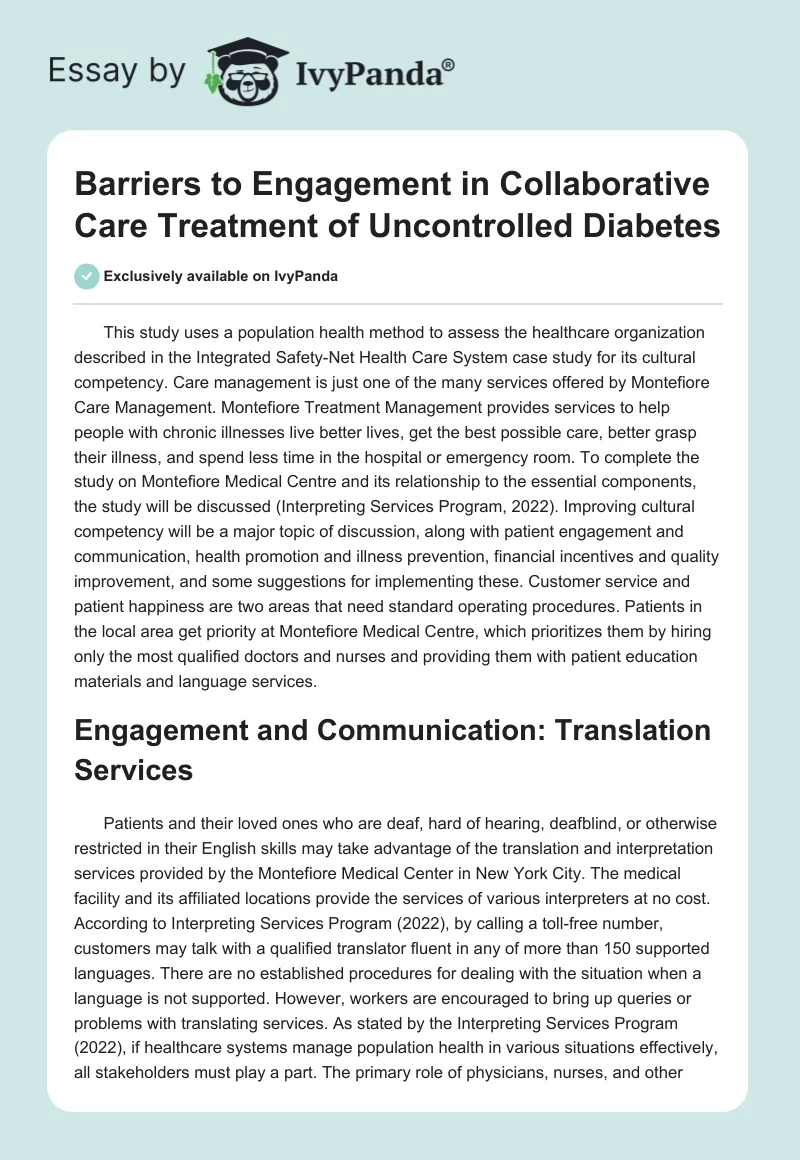 Barriers to Engagement in Collaborative Care Treatment of Uncontrolled Diabetes. Page 1