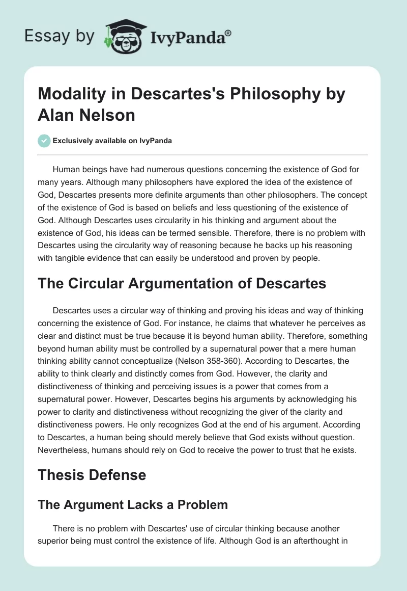 Modality in Descartes's Philosophy by Alan Nelson. Page 1