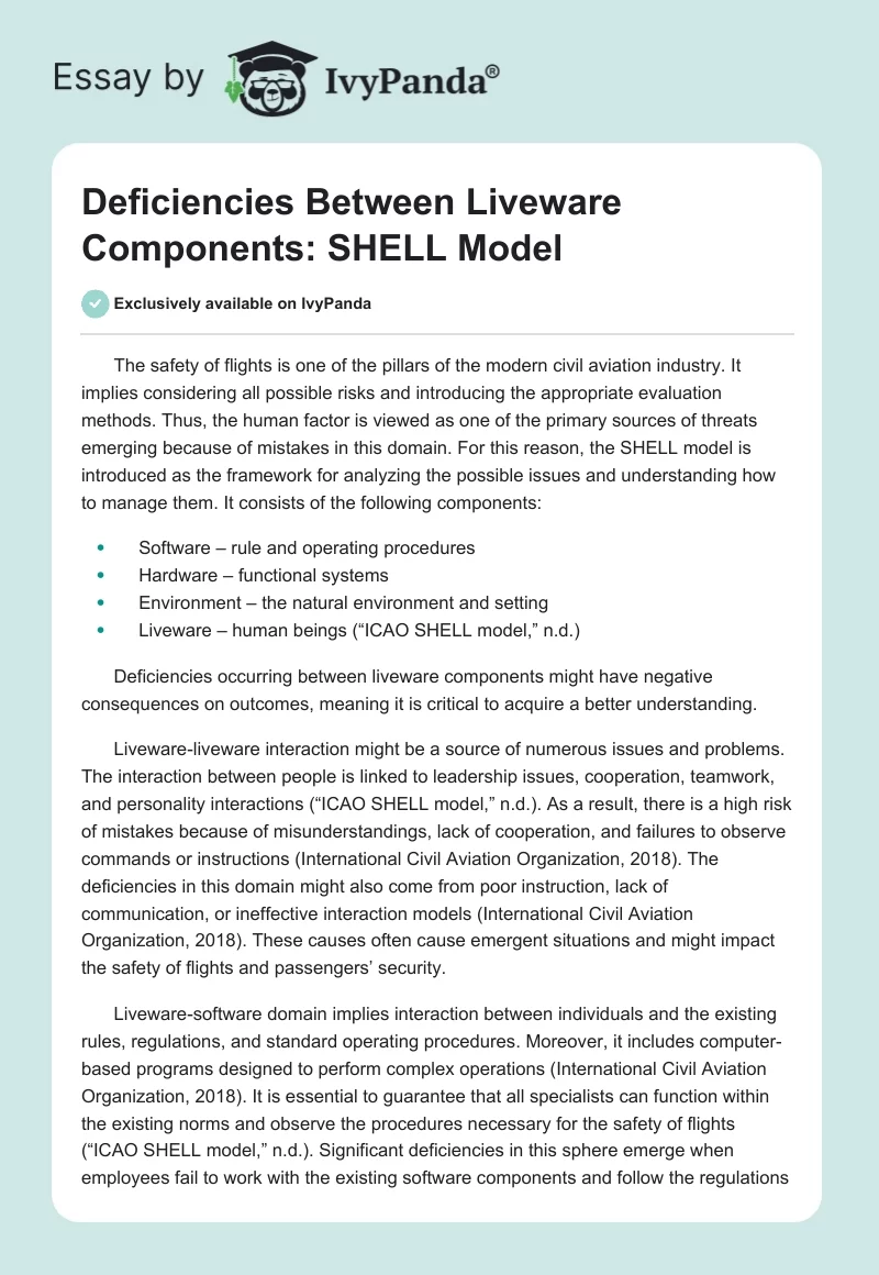 Deficiencies Between Liveware Components: SHELL Model. Page 1