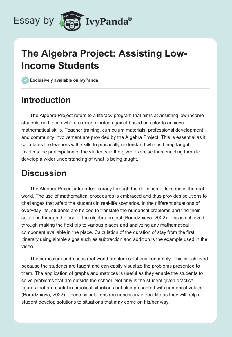 The Algebra Project: Assisting Low-Income Students. Page 1