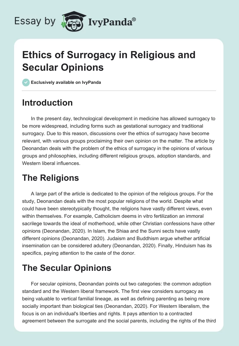 Ethics of Surrogacy in Religious and Secular Opinions. Page 1