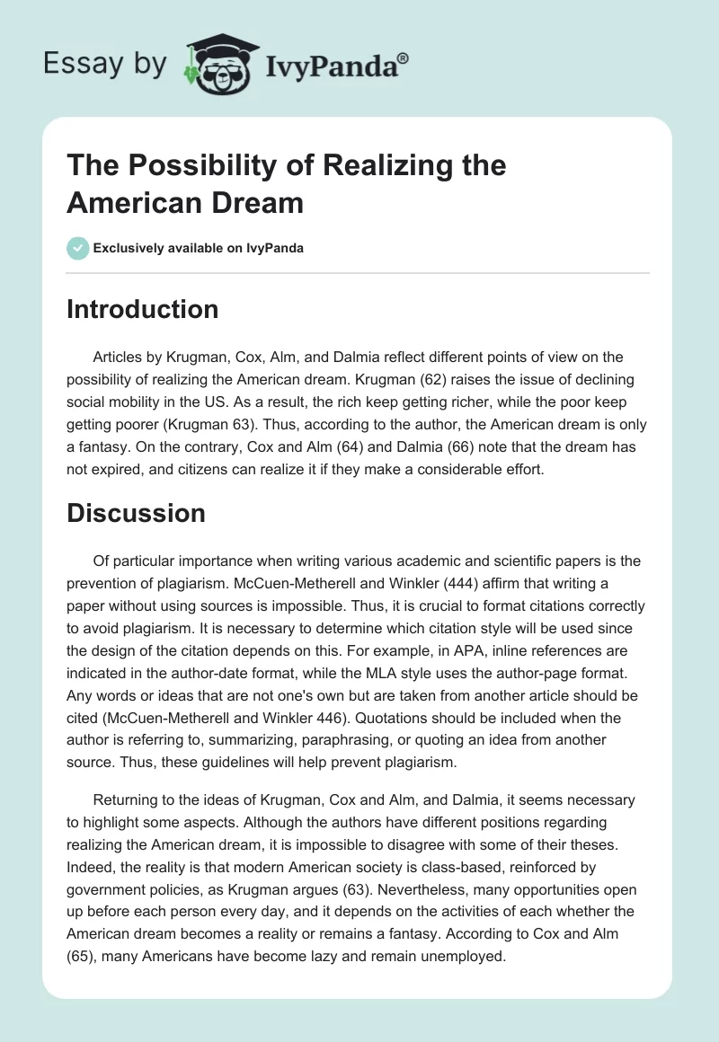 The Possibility of Realizing the American Dream. Page 1