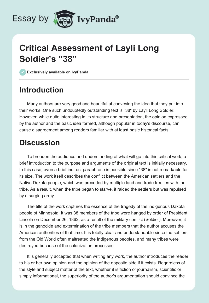 Critical Assessment of Layli Long Soldier’s “38”. Page 1
