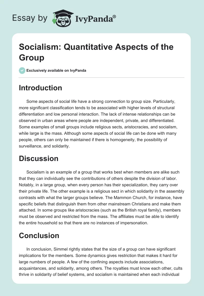 Socialism: Quantitative Aspects of the Group. Page 1