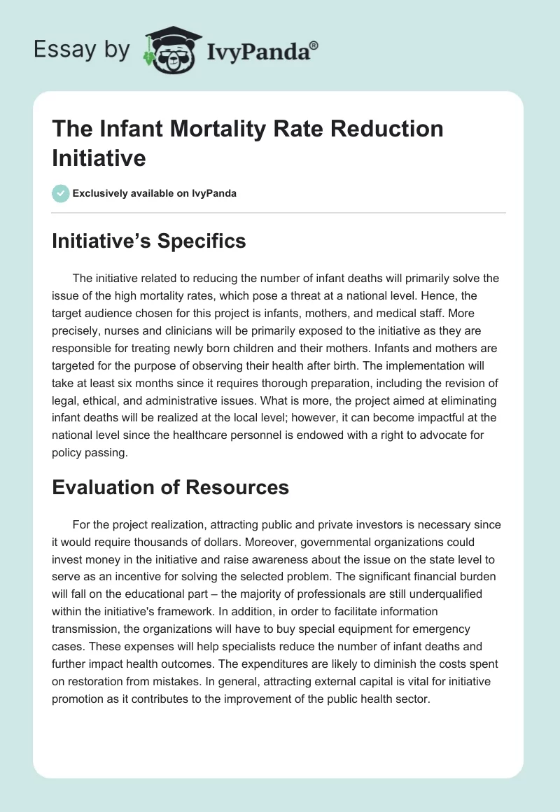 The Infant Mortality Rate Reduction Initiative. Page 1