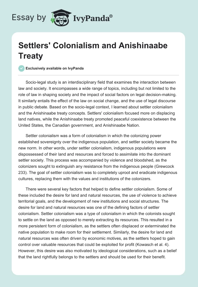 Settlers' Colonialism and Anishinaabe Treaty. Page 1