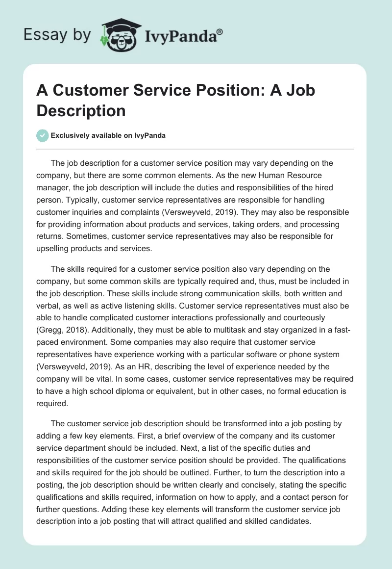 A Customer Service Position: A Job Description. Page 1