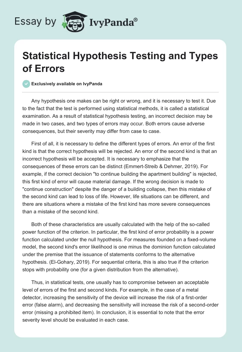 Statistical Hypothesis Testing and Types of Errors. Page 1