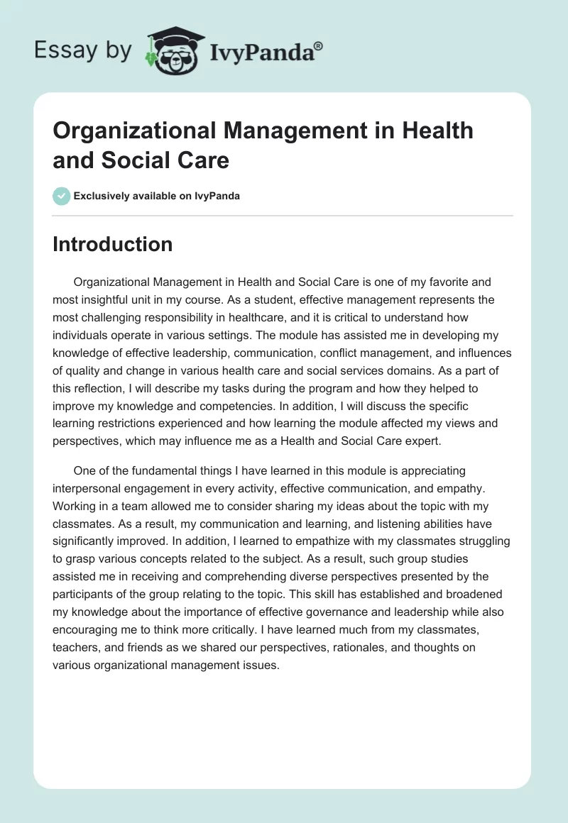 Organizational Management in Health and Social Care. Page 1