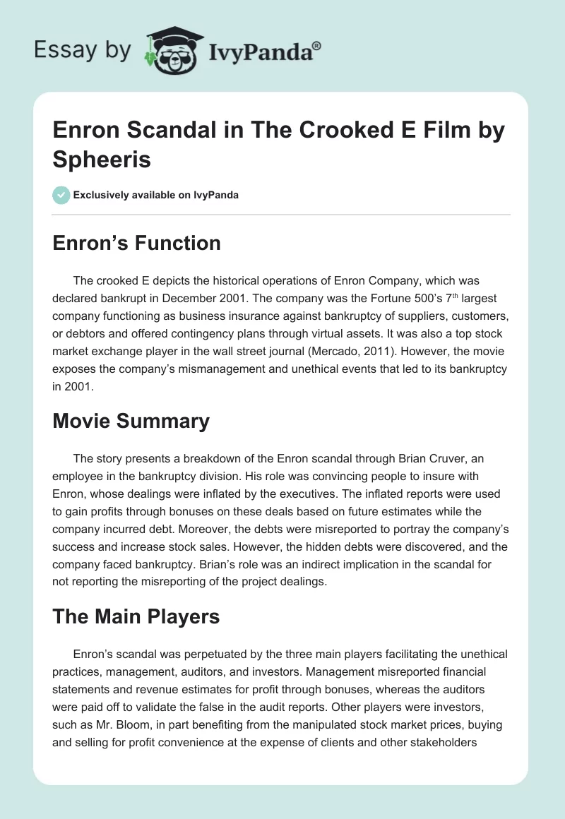 Enron Scandal in "The Crooked E" Film by Spheeris. Page 1