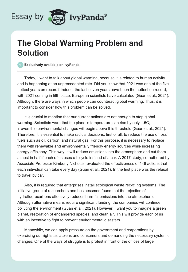 The Global Warming Problem and Solution. Page 1