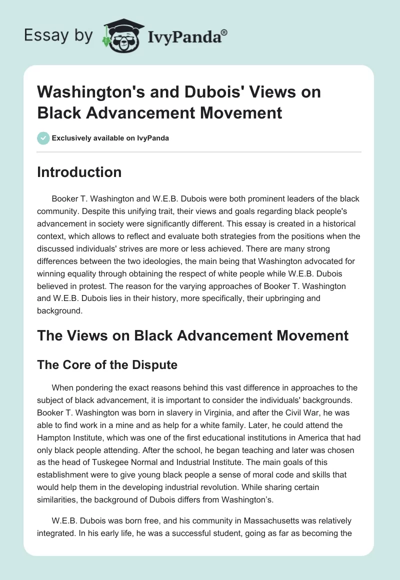 Washington's and Dubois' Views on Black Advancement Movement. Page 1
