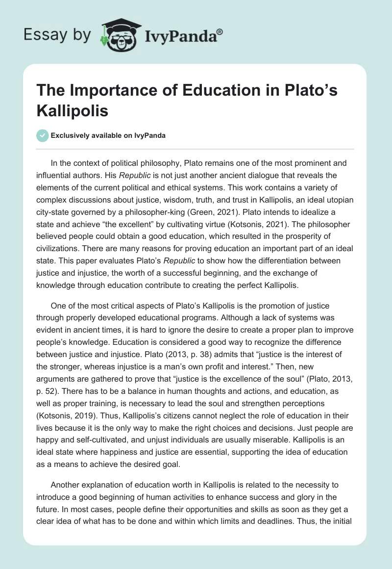 The Importance of Education in Plato’s Kallipolis. Page 1