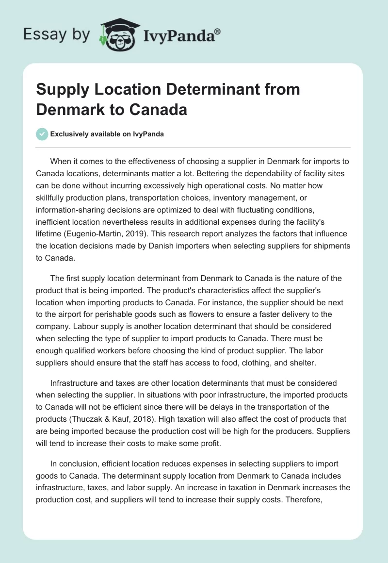 Supply Location Determinant from Denmark to Canada. Page 1