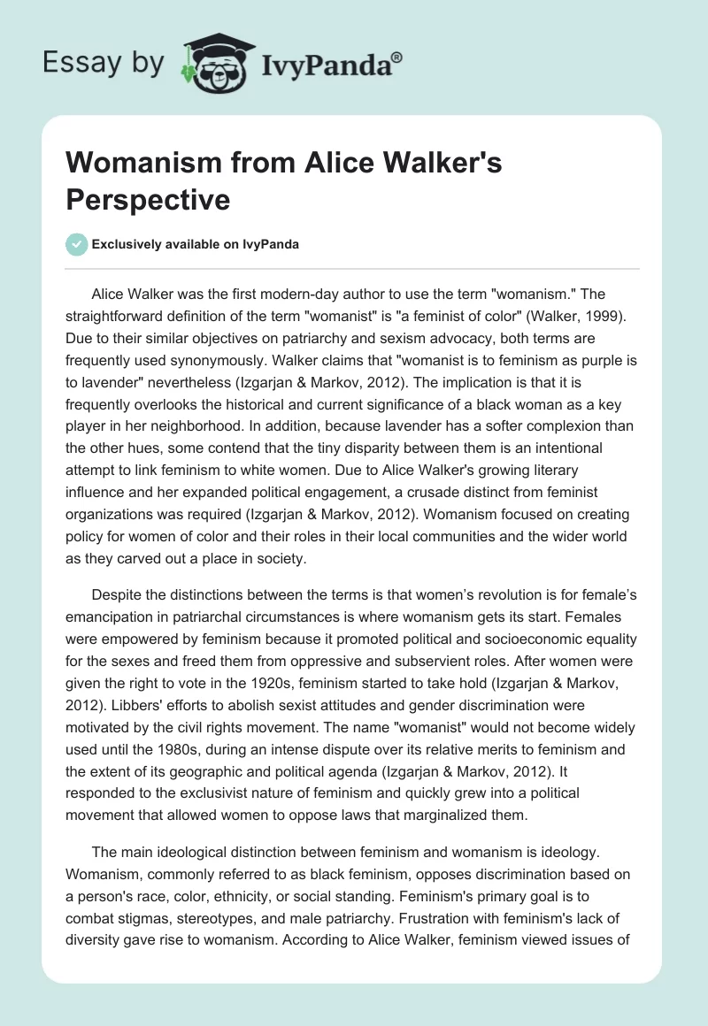 Womanism from Alice Walker's Perspective. Page 1