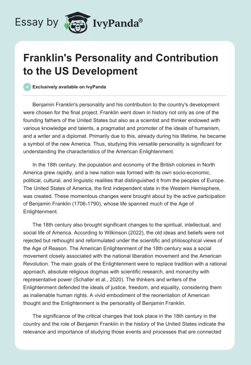 Franklin's Personality and Contribution to the US Development. Page 1