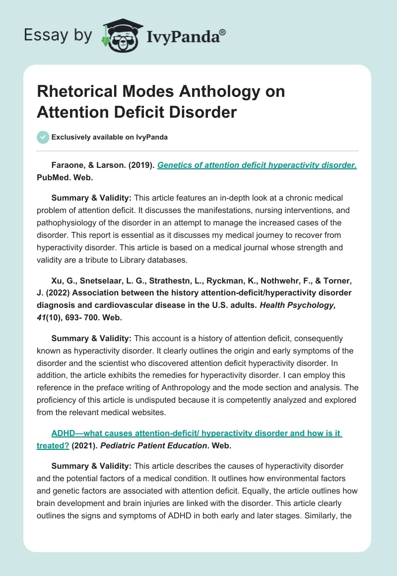 Rhetorical Modes Anthology on Attention Deficit Disorder. Page 1
