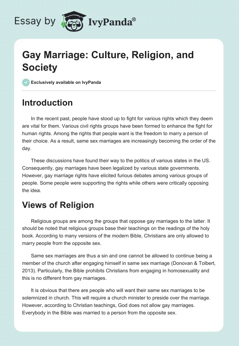 Gay Marriage: Culture, Religion, and Society. Page 1