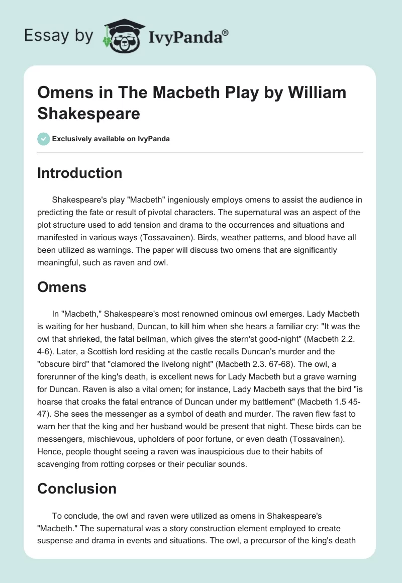 Omens in The "Macbeth" Play by William Shakespeare. Page 1