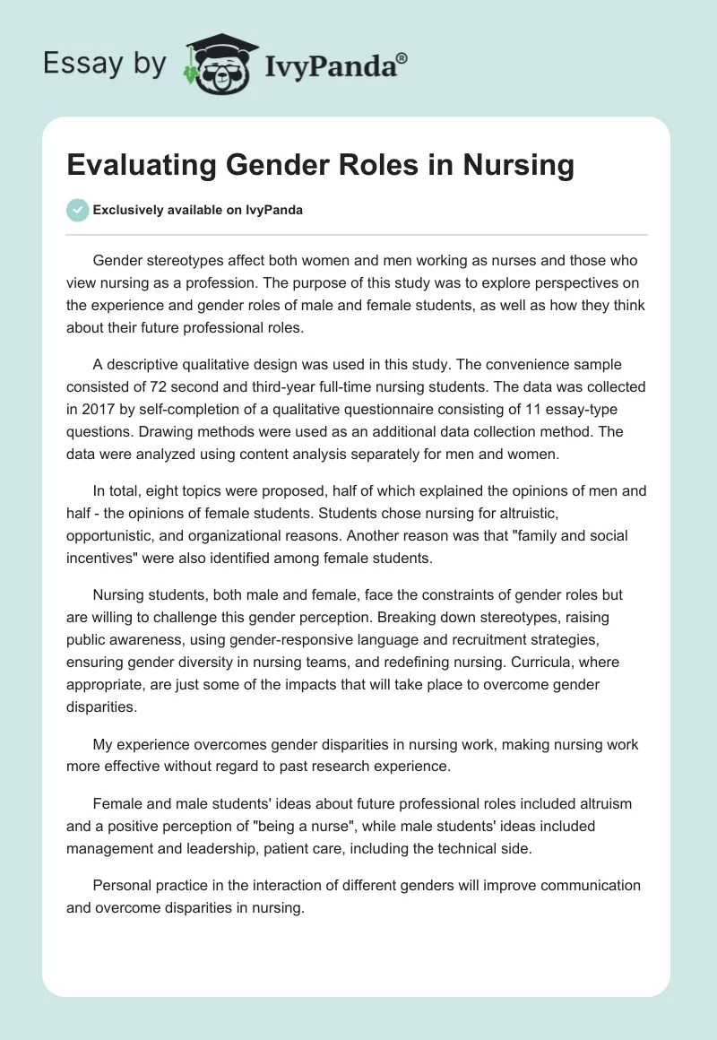 Evaluating Gender Roles in Nursing. Page 1