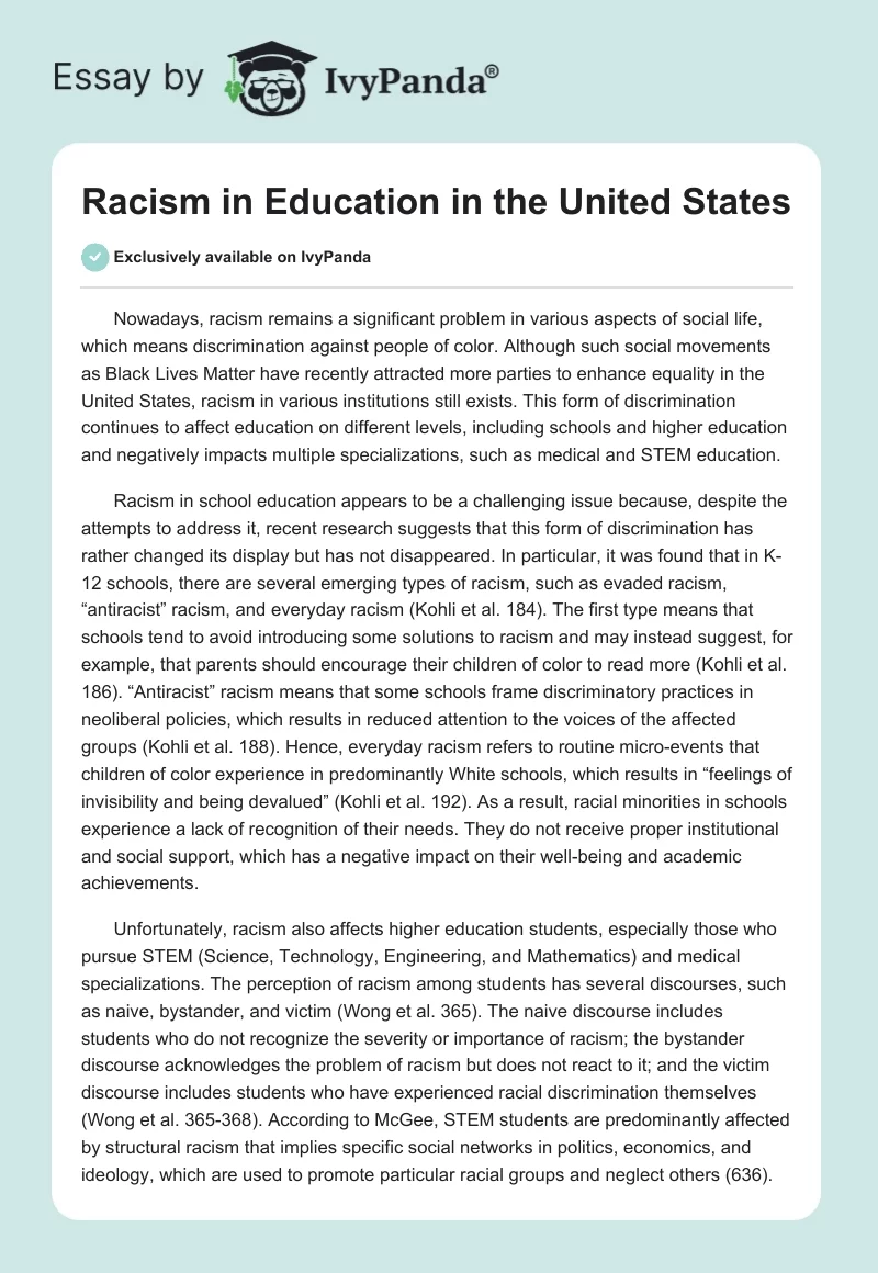Racism in Education in the United States. Page 1