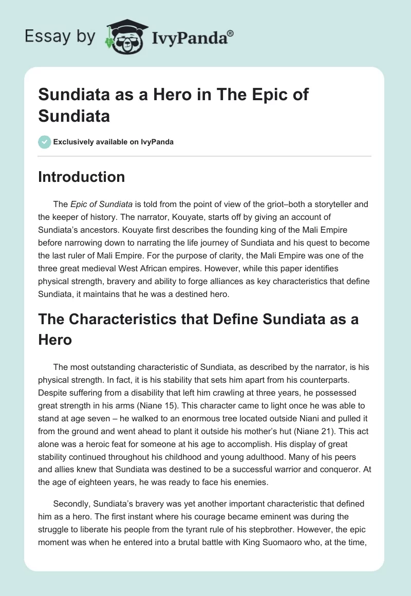 Sundiata as a Hero in The Epic of Sundiata. Page 1