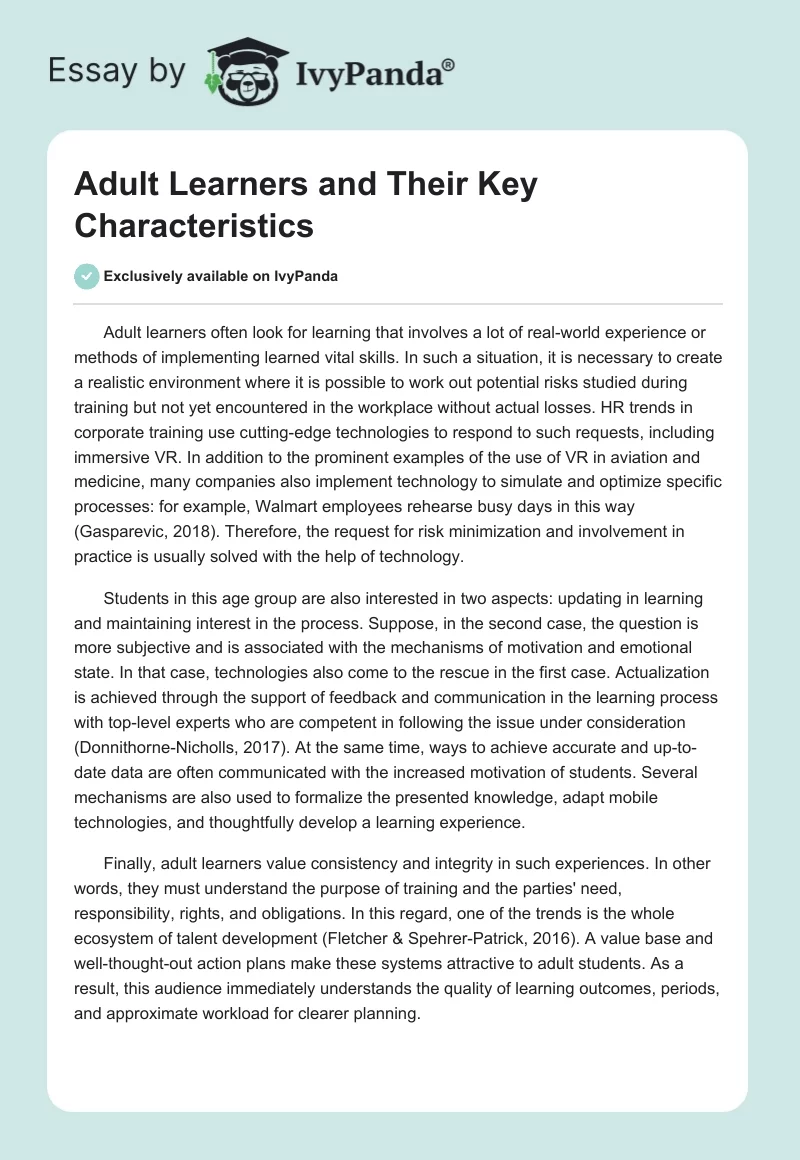 Adult Learners and Their Key Characteristics. Page 1