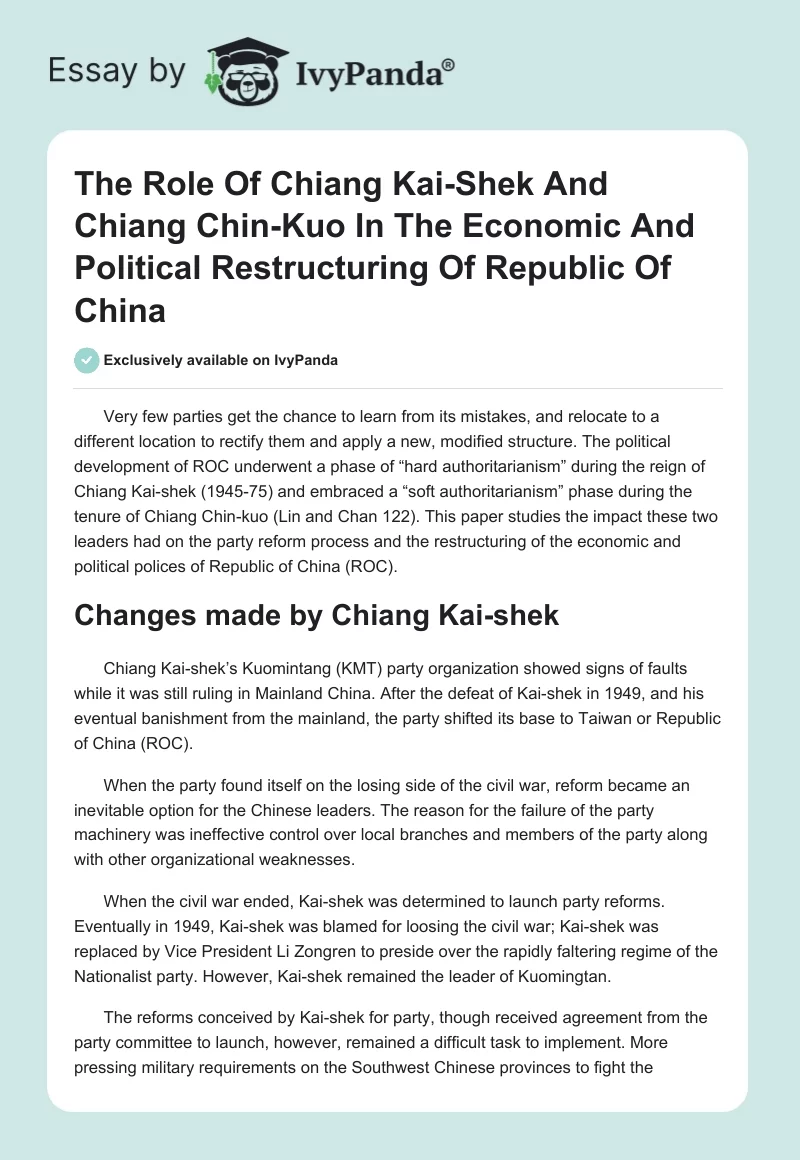 The Role Of Chiang Kai-Shek And Chiang Chin-Kuo In The Economic And Political Restructuring Of Republic Of China. Page 1