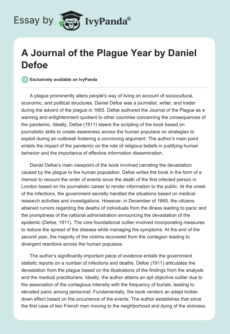A Journal of the Plague Year by Daniel Defoe. Page 1