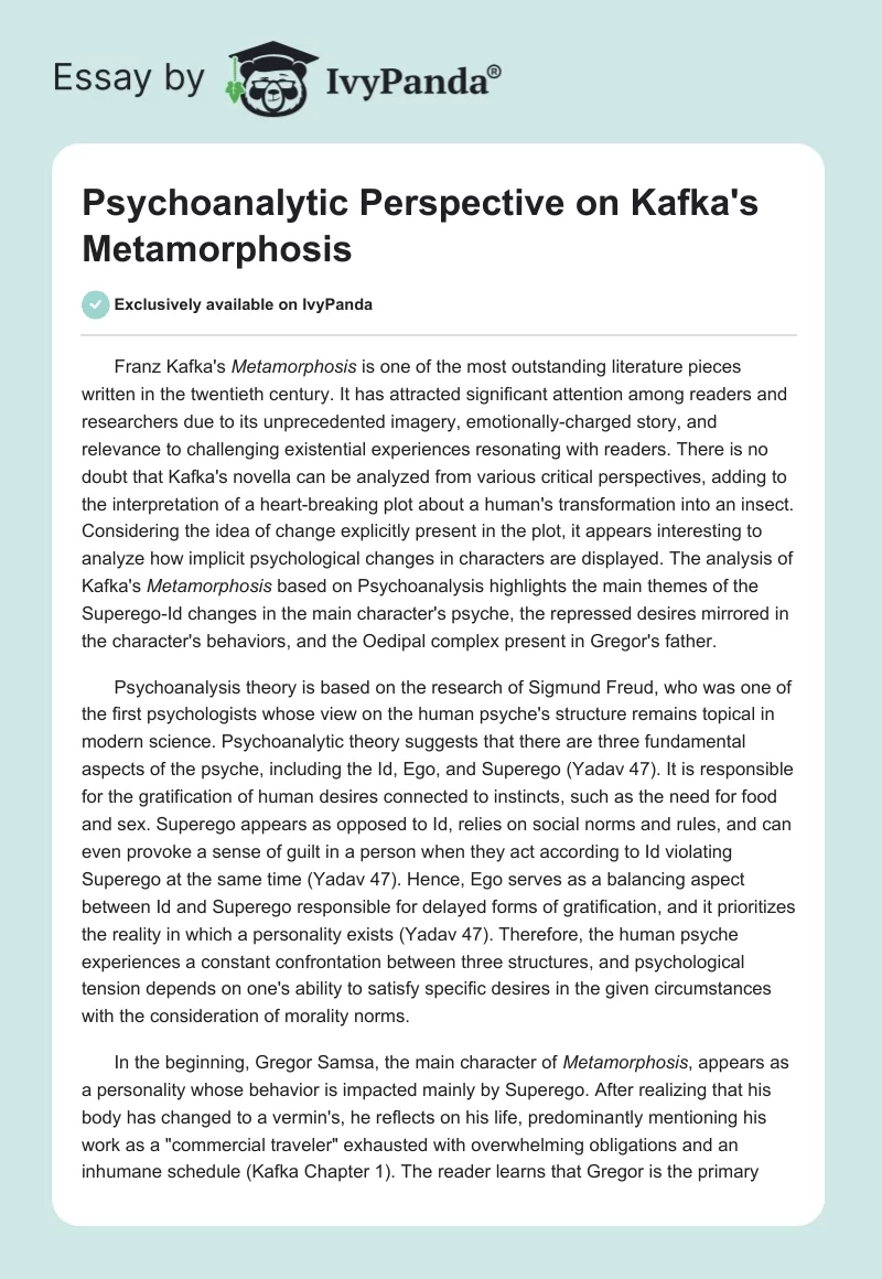 Psychoanalytic Perspective on Kafka's "The Metamorphosis". Page 1