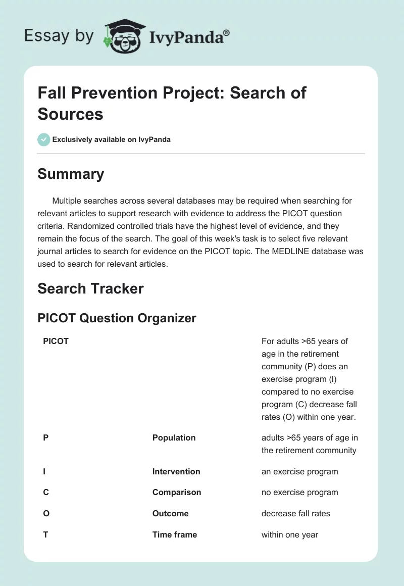Fall Prevention Project: Search of Sources. Page 1