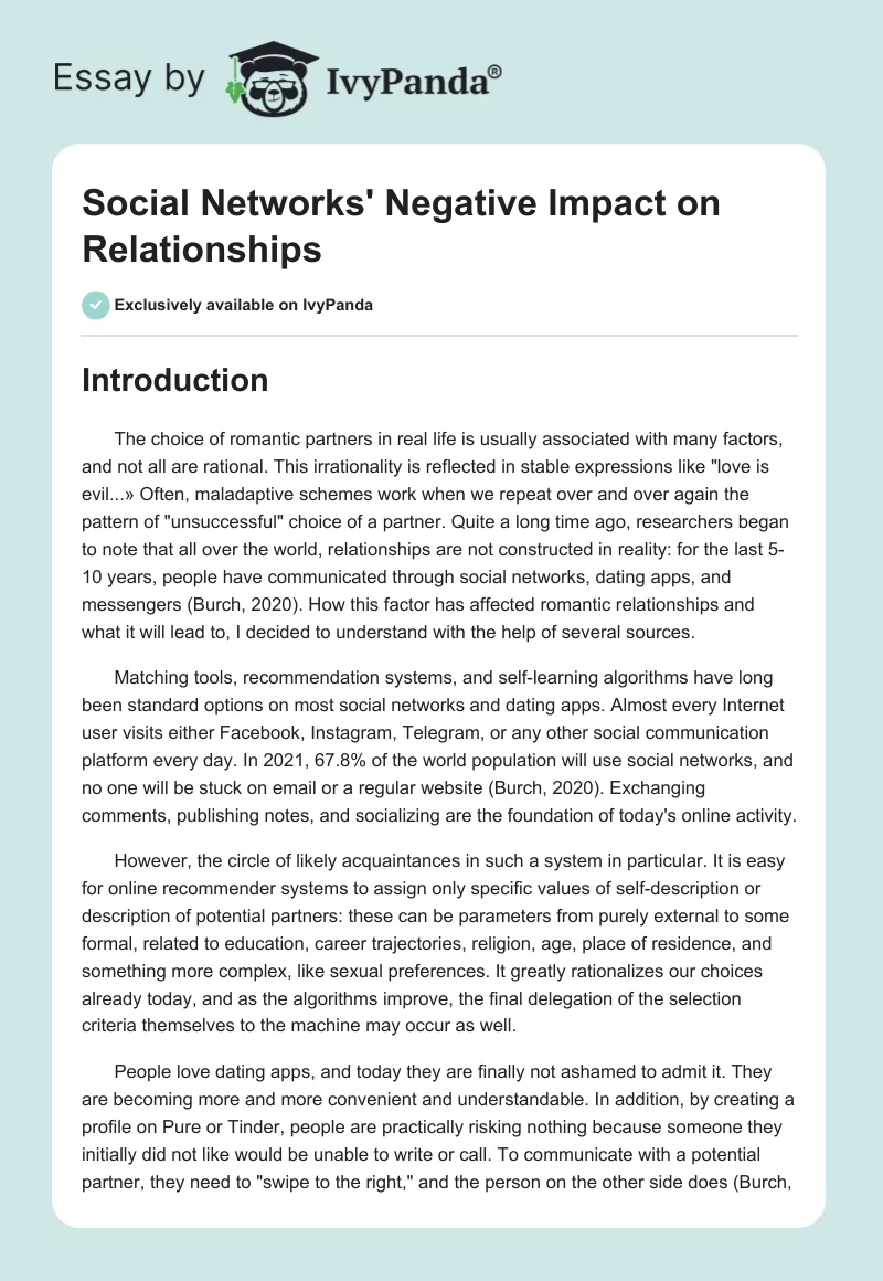 Social Networks' Negative Impact on Relationships. Page 1