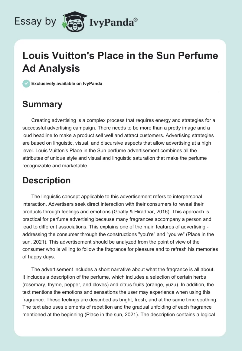 Louis Vuitton's Place in the Sun Perfume Ad Analysis. Page 1