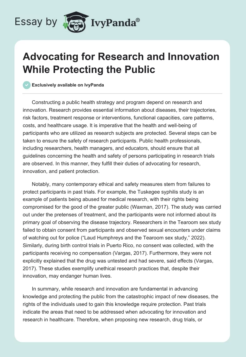 Advocating for Research and Innovation While Protecting the Public. Page 1