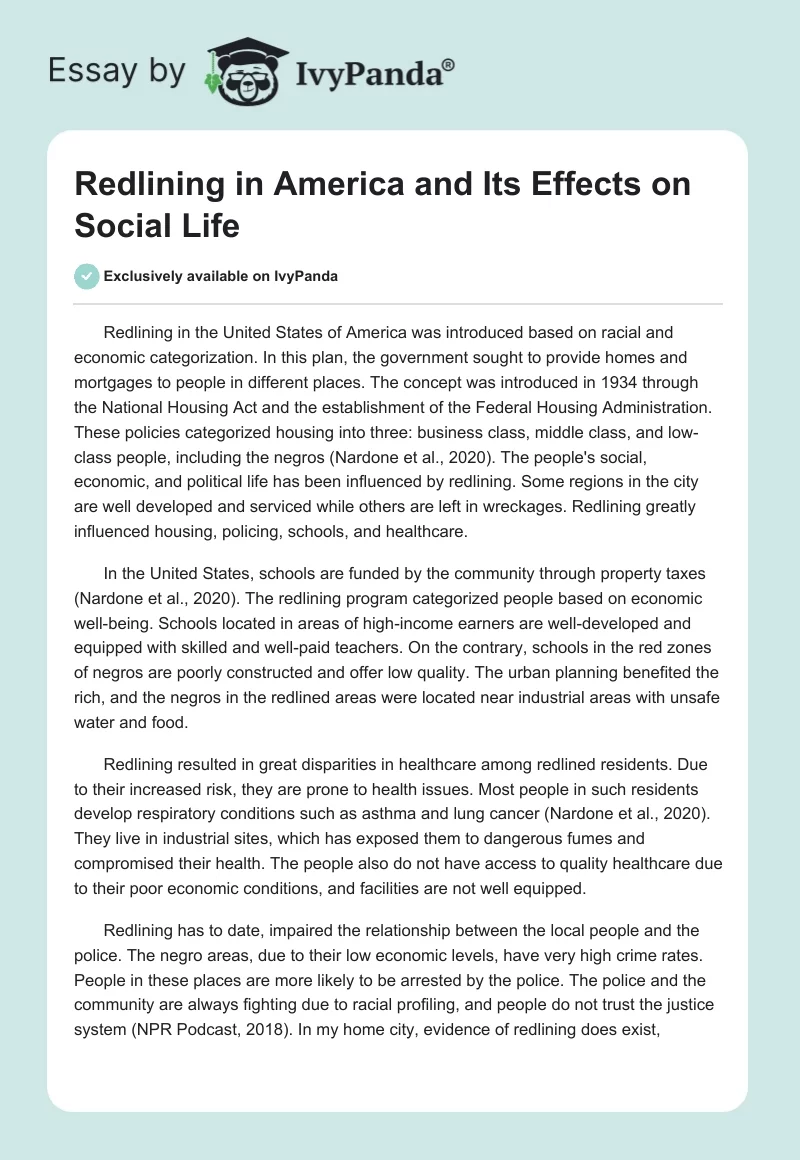 Redlining in America and Its Effects on Social Life. Page 1