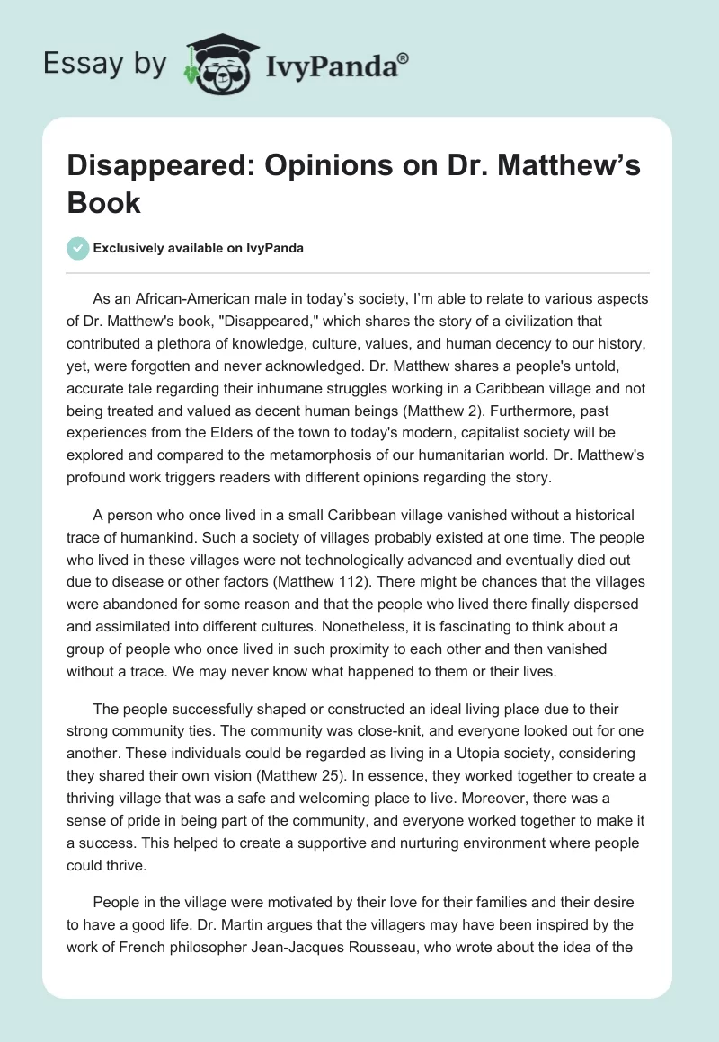 Disappeared: Opinions on Dr. Matthew’s Book. Page 1