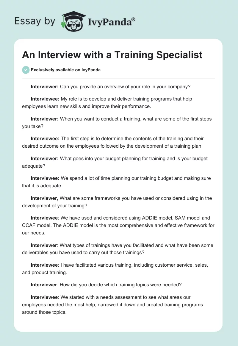 An Interview with a Training Specialist. Page 1