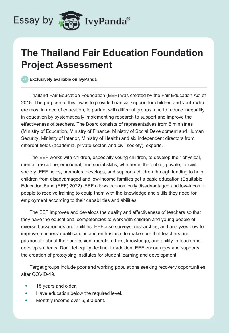 The Thailand Fair Education Foundation Project Assessment. Page 1