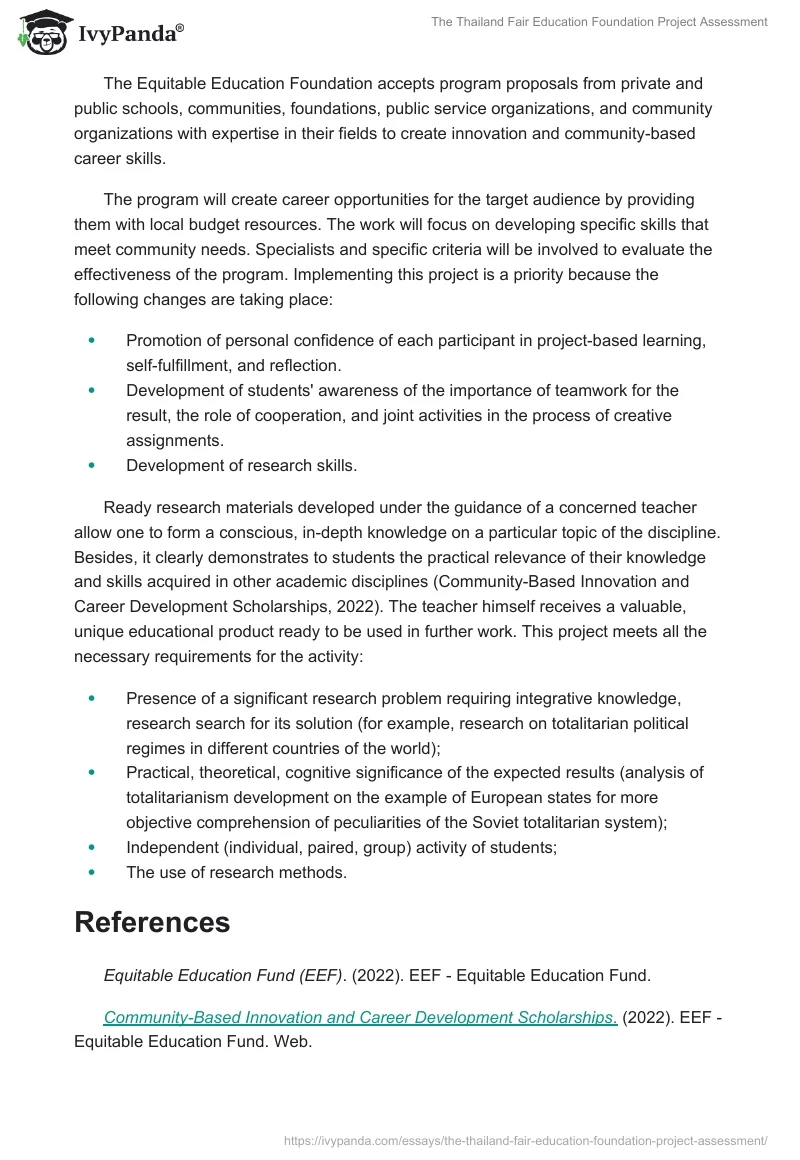 The Thailand Fair Education Foundation Project Assessment. Page 2