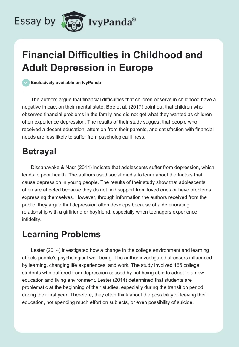 Financial Difficulties in Childhood and Adult Depression in Europe. Page 1