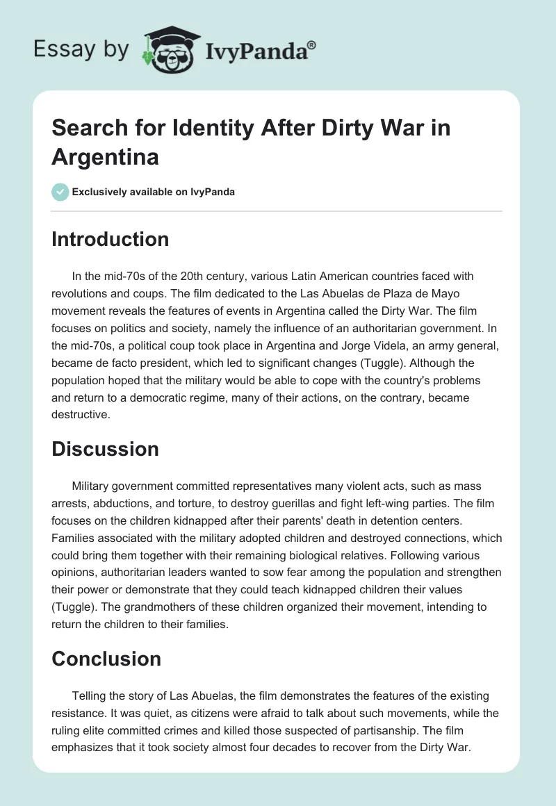 Search for Identity After Dirty War in Argentina. Page 1