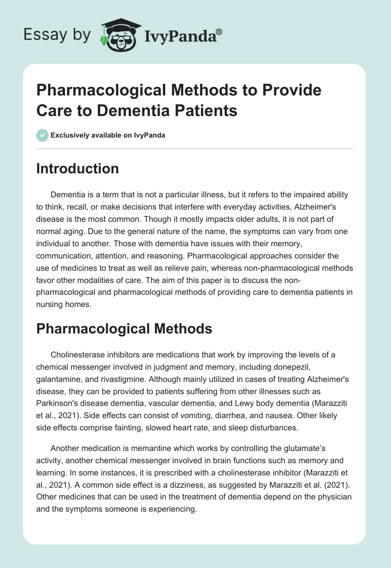 Pharmacological Methods to Provide Care to Dementia Patients. Page 1