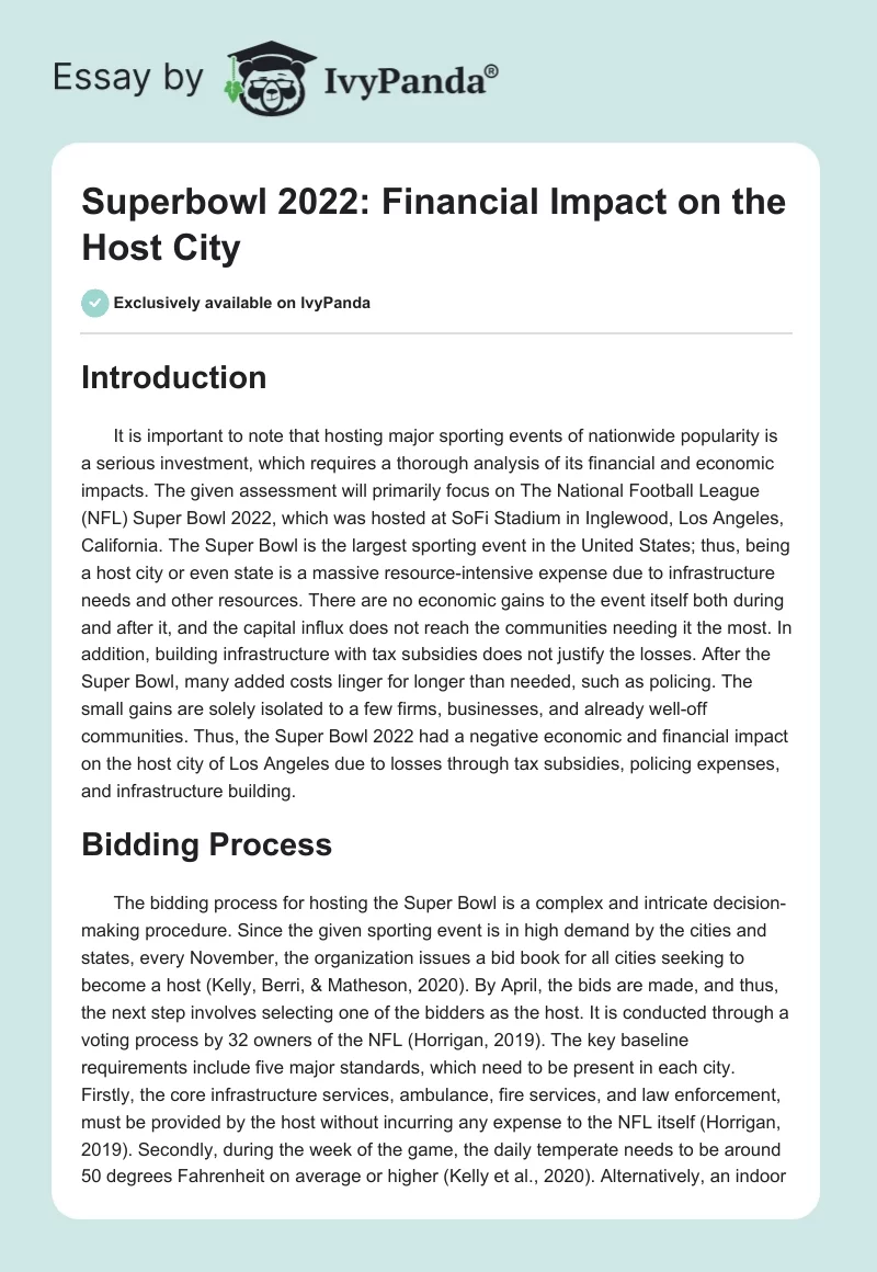 Superbowl 2022: Financial Impact on the Host City. Page 1
