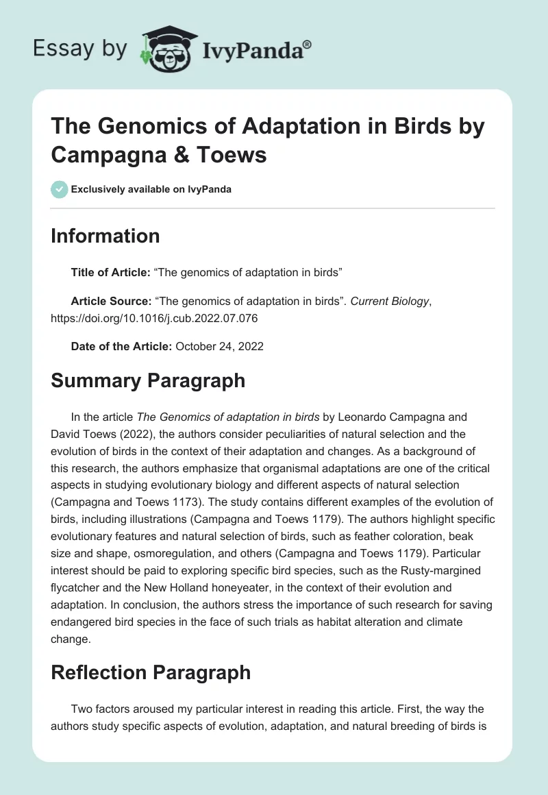 The Genomics of Adaptation in Birds by Campagna & Toews. Page 1