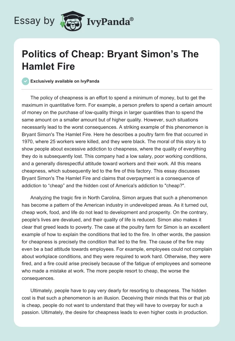 Politics of Cheap: Bryant Simon’s The Hamlet Fire. Page 1