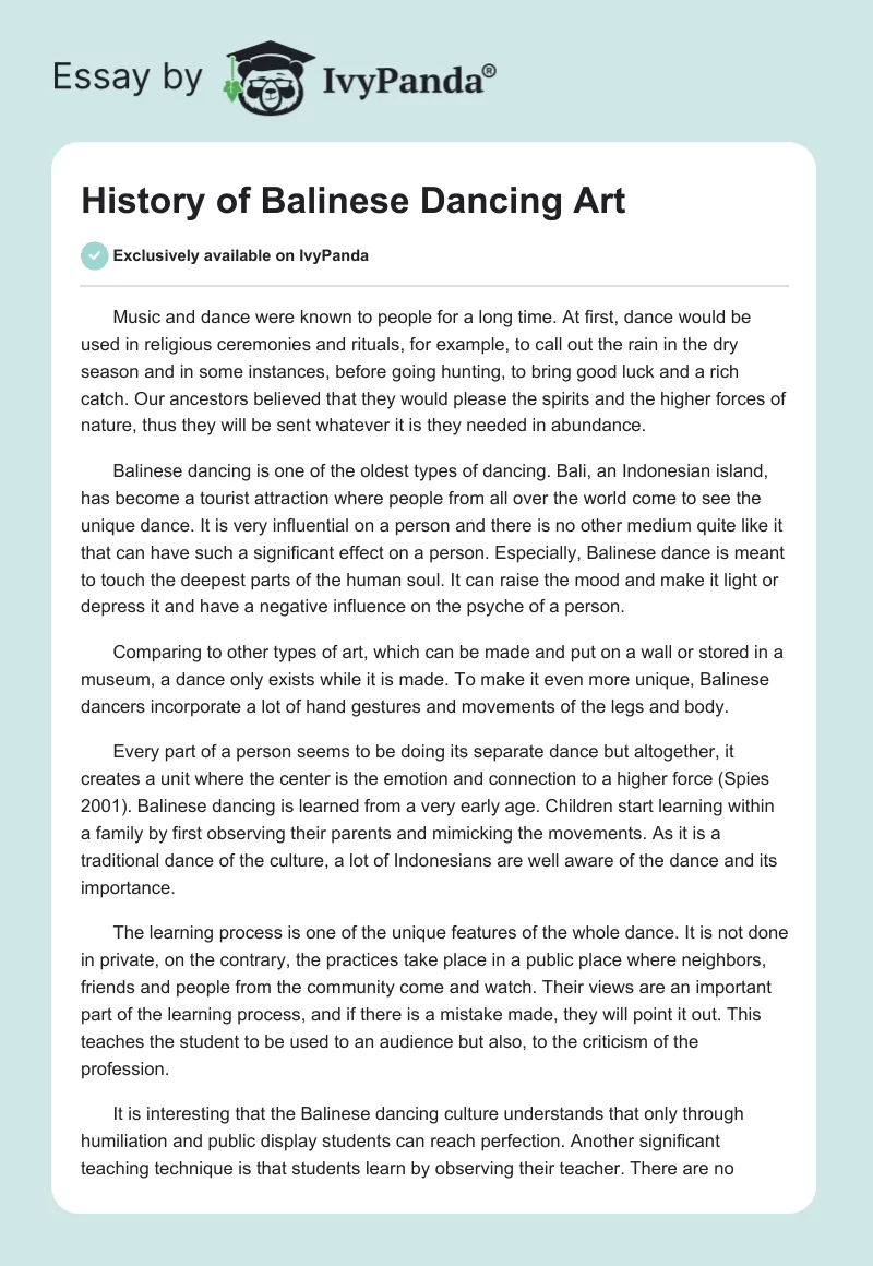 History of Balinese Dancing Art. Page 1
