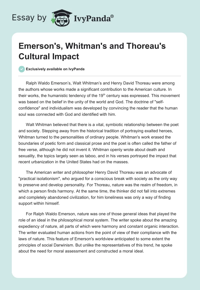 Emerson's, Whitman's and Thoreau's Cultural Impact. Page 1